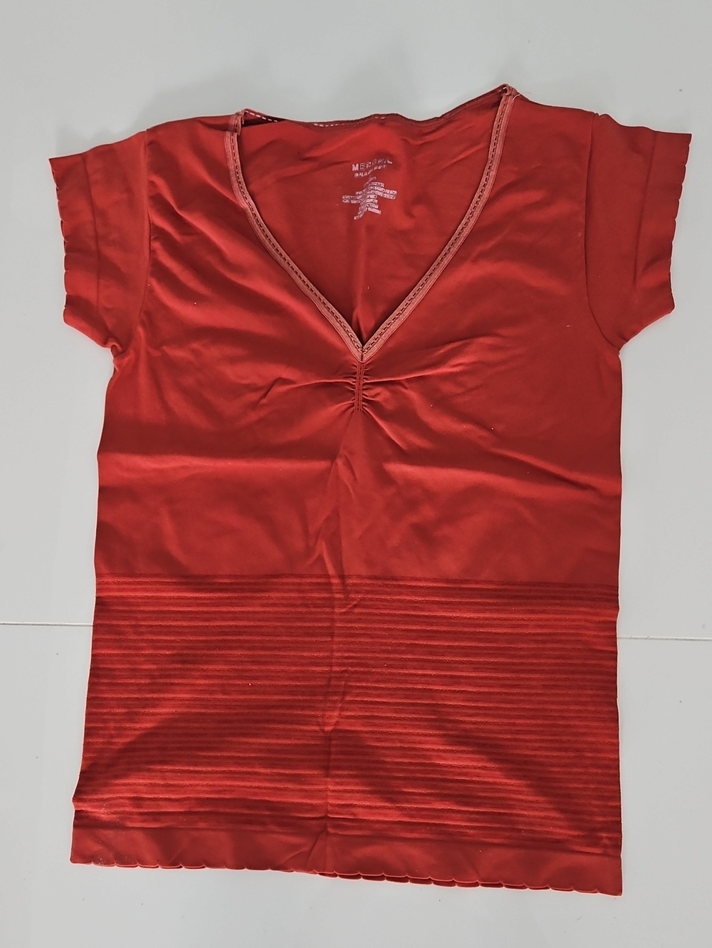 Merona Rust Red V-Neck Short Sleeve Top with Subtle Hem Striping